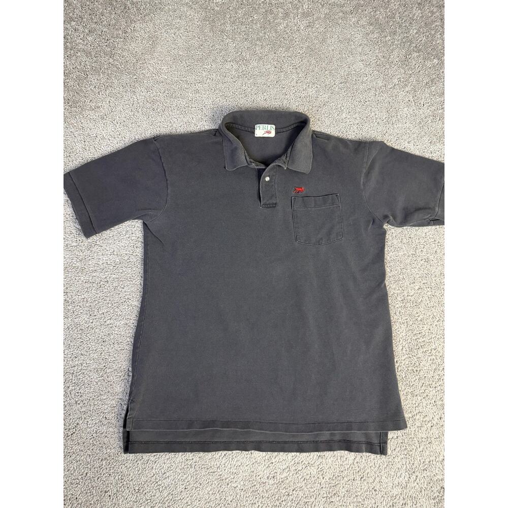 Perlis Polo Shirt Mens L Gray Cotton Crawfish Pocket Short Sleeve Embroidered